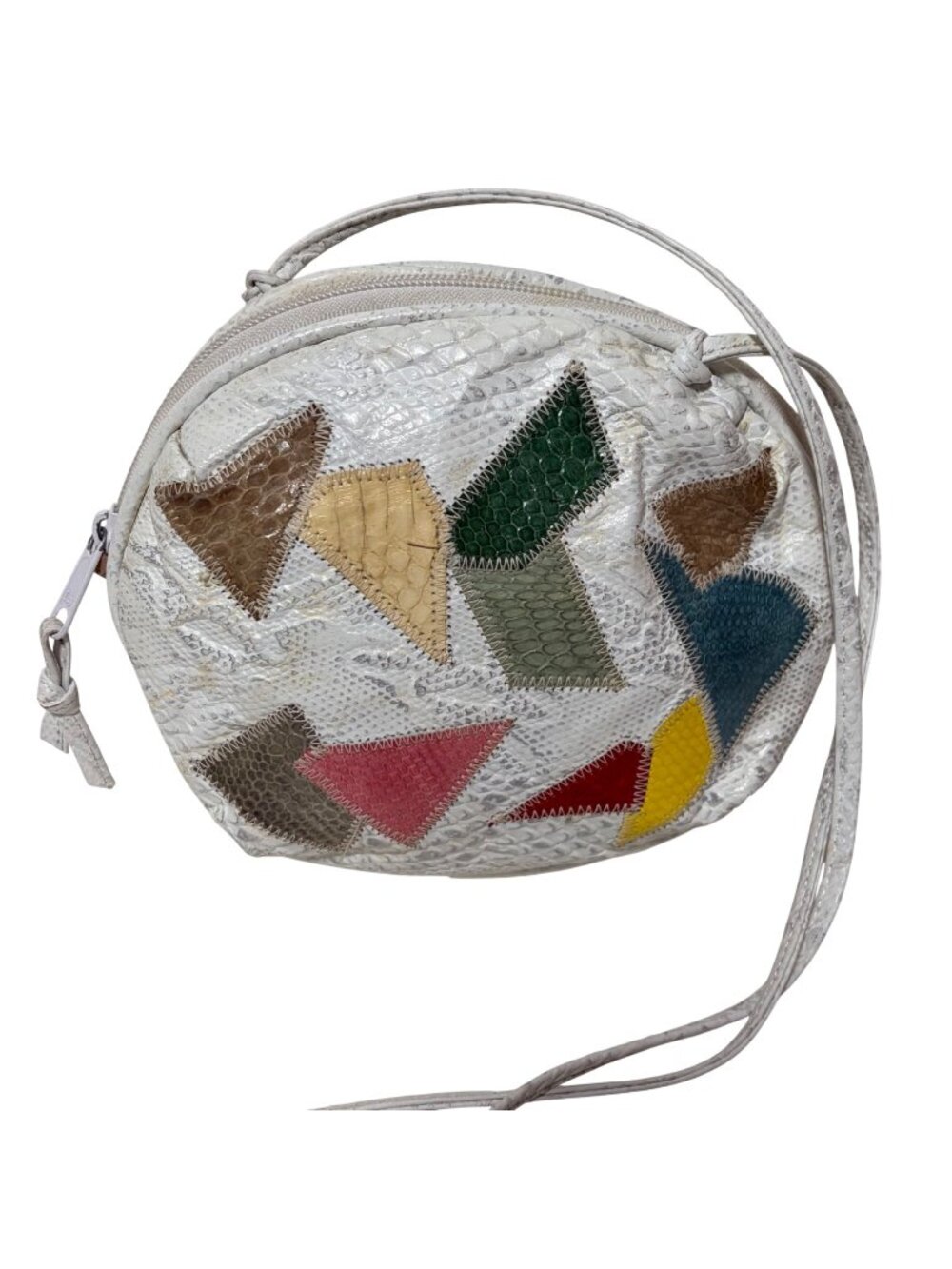 Vintage 90s Fay Patchwork Crossbody Bag Faux Snakeskin White Round Crossbody